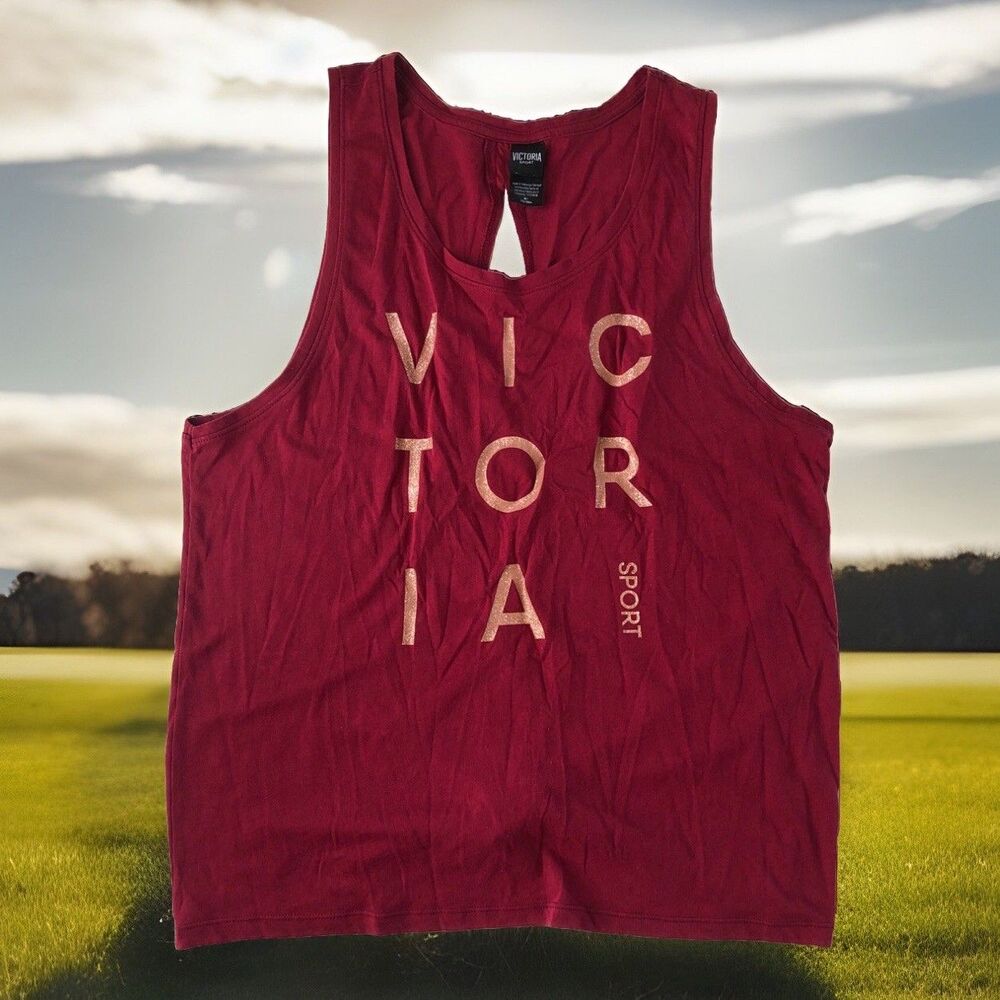 Victoria Secret Sport Women's Tank Top Open Back Gold Glitter Letters Maroon M